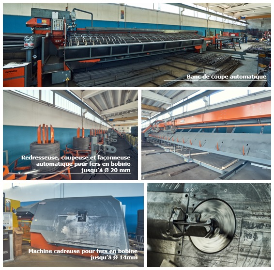 Machines pour la prodution d'acier coupée-faconnée et d'acier coupée-faconnée-assemblée; decorticage du plan armature en acier pour fabrication d'armatures CFA et CF et chargement du camion