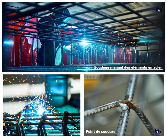 Soudage des éléments en acier; decorticage du plan armature en acier pour fabrication d'armatures CFA et CF et chargement du camion